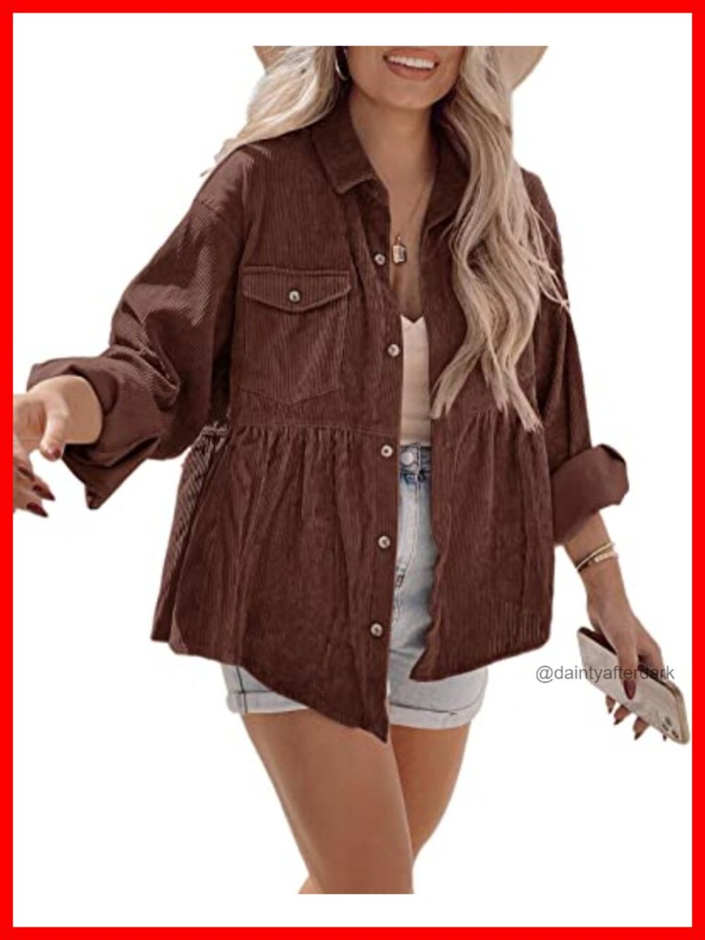 Corduroy Button Down Tunic Shirt Long Sleeve Loose Fit Casual Blouse
